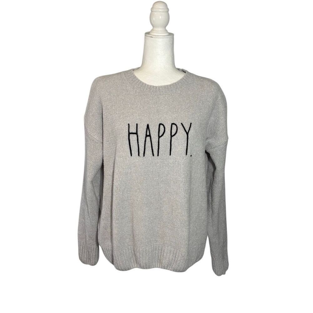Rae Dunn “HAPPY” heathered gray knit sweater - M
